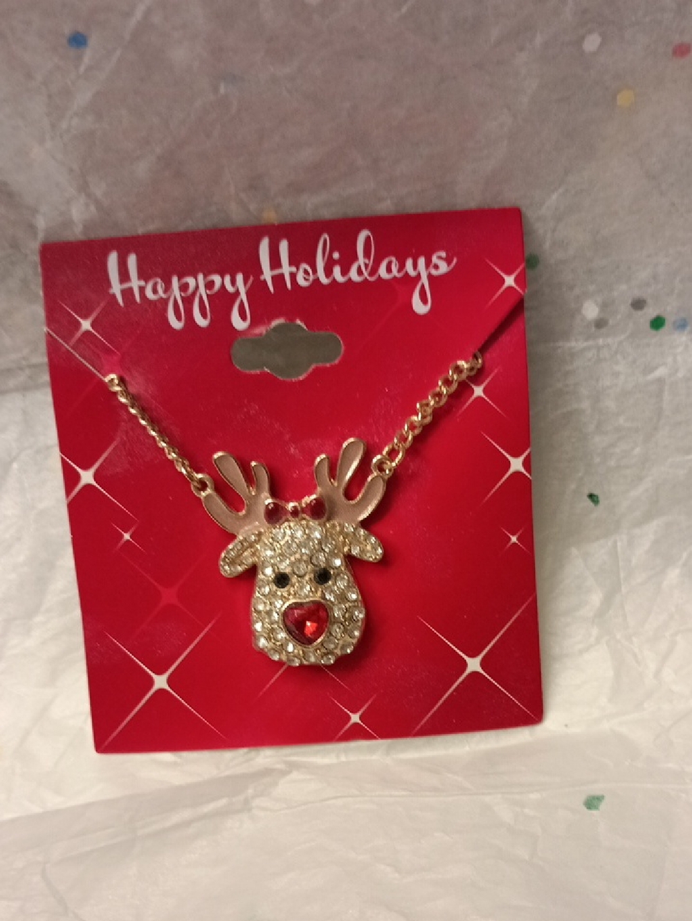 Holiday Reindeer Pendant Necklace - Gold Tone with Red Accent